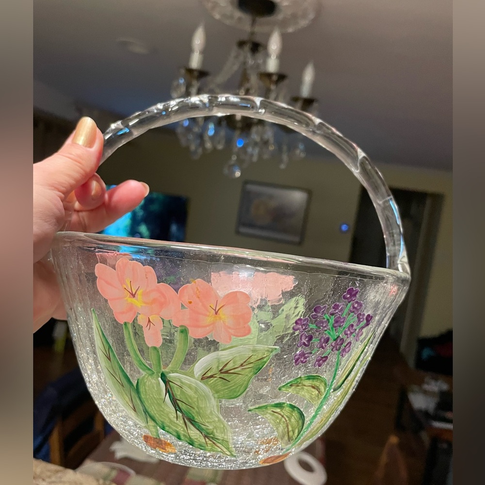 Vintage Hand Painted Floral Crackle Glass Basket…